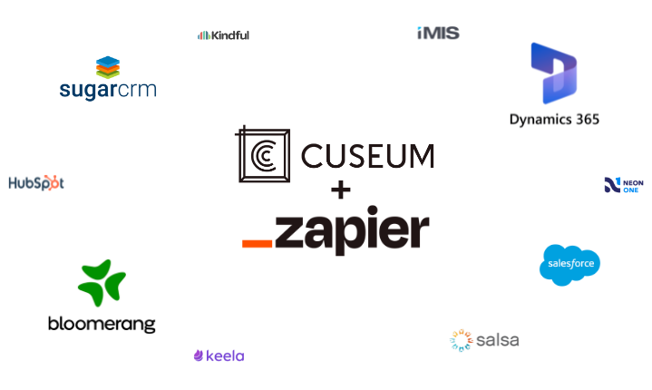 Logo Zapier and Cuseum integration: sugarcrm, hubspot, bloomerang, keela, salsa, neon one, dynamics 365, imis, kindful